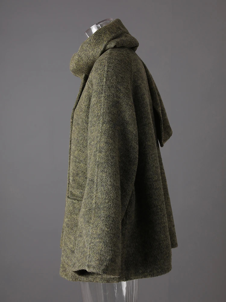 DEAT Fashion Green Scarf Double Side Woolen Coat Womens Loose Covered Button Long Sleeves Blends Coats Autumn 251020