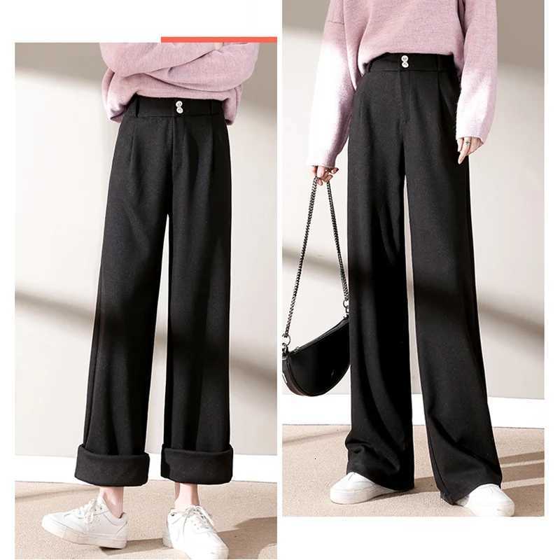 2024 Autumn Winter Women Concise Woolen Pants Lady Wide Leg Designer Outside Trousers Female Thicken High Waisted Draping PantsT251022
