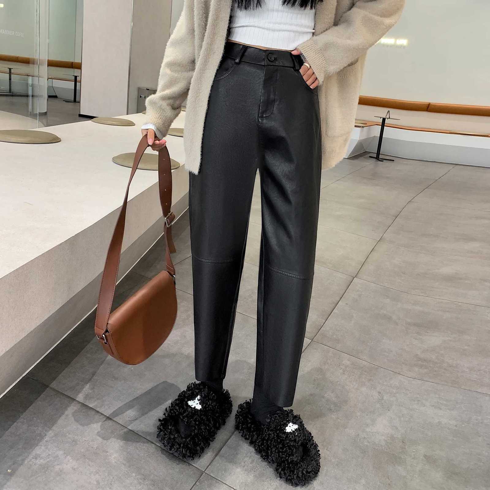 Autumn Winter PU Leather Vintage Womens Ankle Length Pants 2024 New High Waist Zipper Black Straight Pants Female PocketsT251022