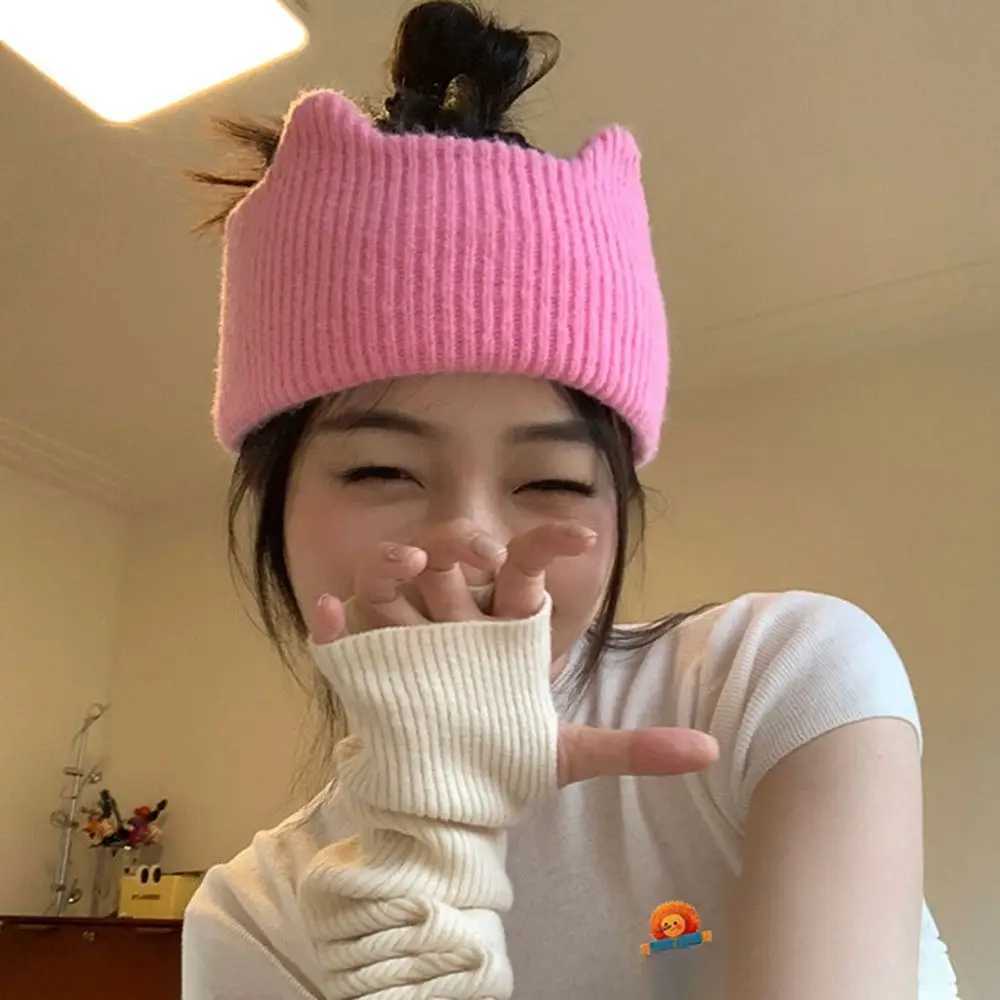 Cute Cat Ears Warm Knitted Headband Female Retro Face Wash Elastic Hair Bands Widebrimmed Head Wrap V251022