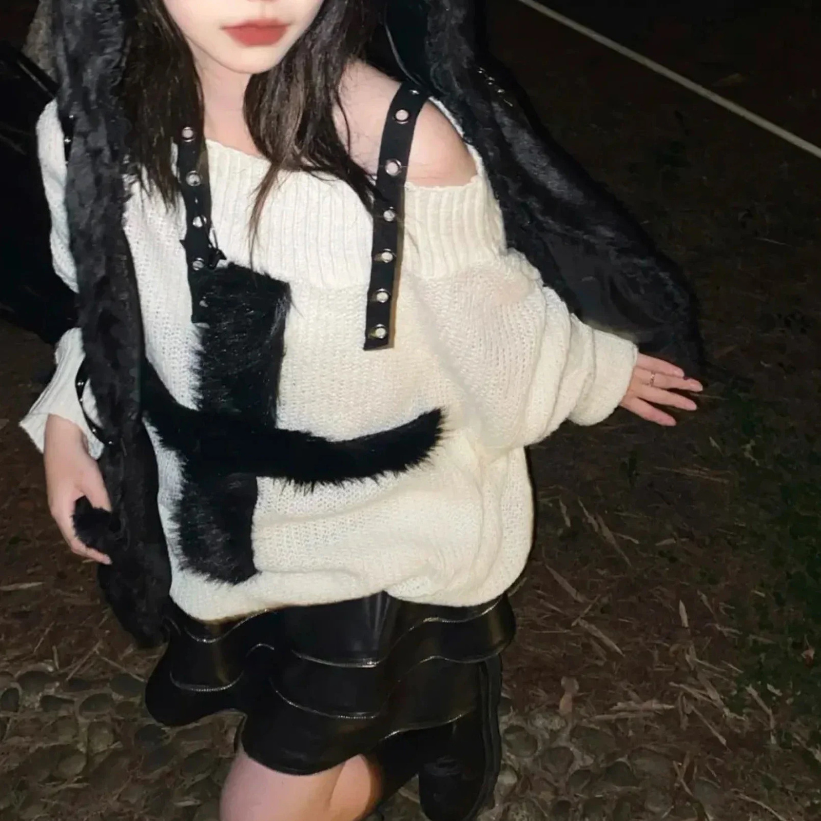 Off Shoulder Belted Thin Cross Fur Patchwork Sweater Casual Kpop Harajuku Punk Knitwear Women Autumn Loose Gothic Y2k Pullovers 251016