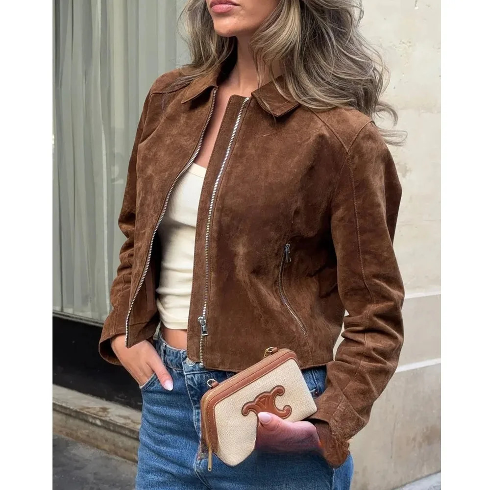 KONDALA Streetwear Suede Slim Jackets Women Zipper Pockets Long Sleeve Coats Fashion Fall Casual Vintage Elegant Outwears 251021
