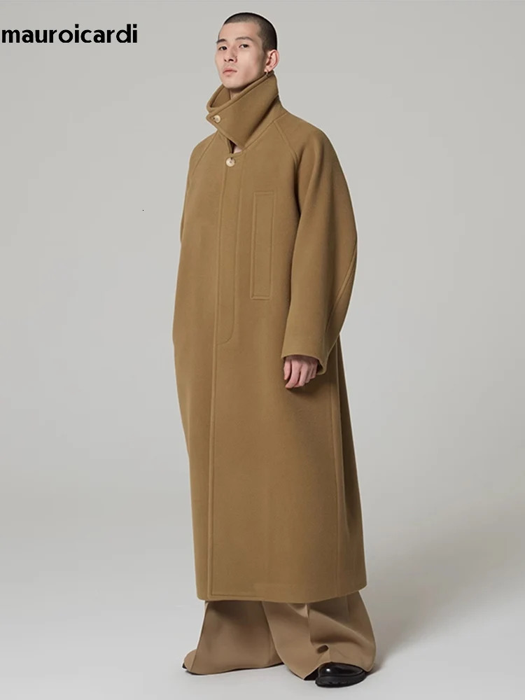 Mauroicardi Autumn Winter Oversized Long Khaki Warm Soft Woolen Coat Men Single Breasted Wool Blends Overcoat European Fashion 251017