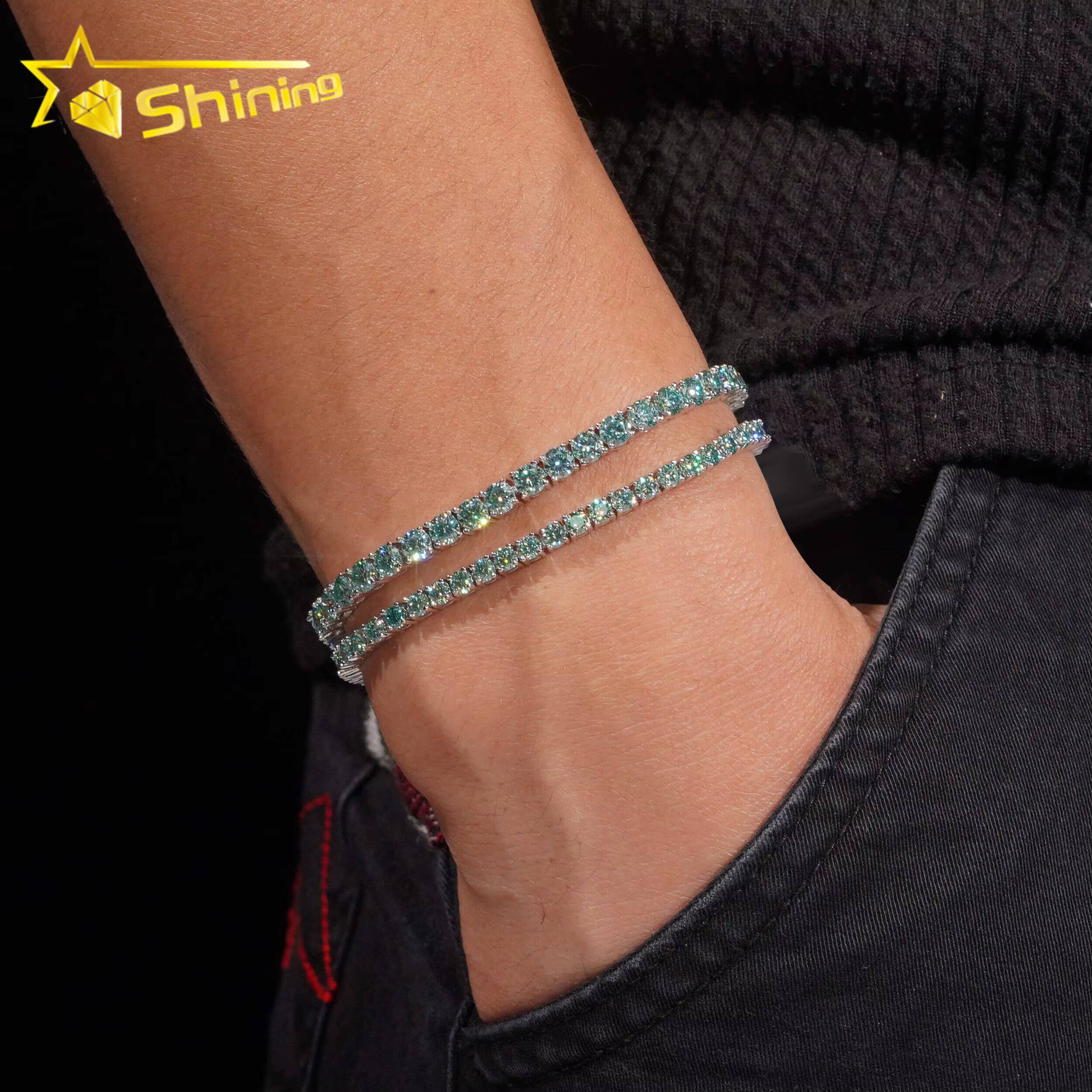 Wholesale Price Bluegreen Moissanite Tennis Chain 925 Sterling Silver Gold Plated Pass Diamond Test Colors Moissanite Necklace