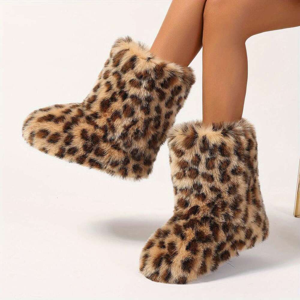 Women's Mid-Calf Faux Fur Y2k Fashion Winter Warm Snow Boots, Leopard Print Flat Heel, Round Toe Slip-On Cozy Booties With Soft TPR Sole