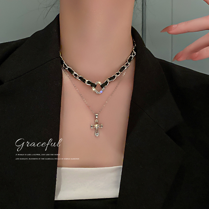 Simple Faux Leather Dia-Studded Cross Double-Layer Necklace Internet Celebrity Style Elegant Women's Jewelry - view 4
