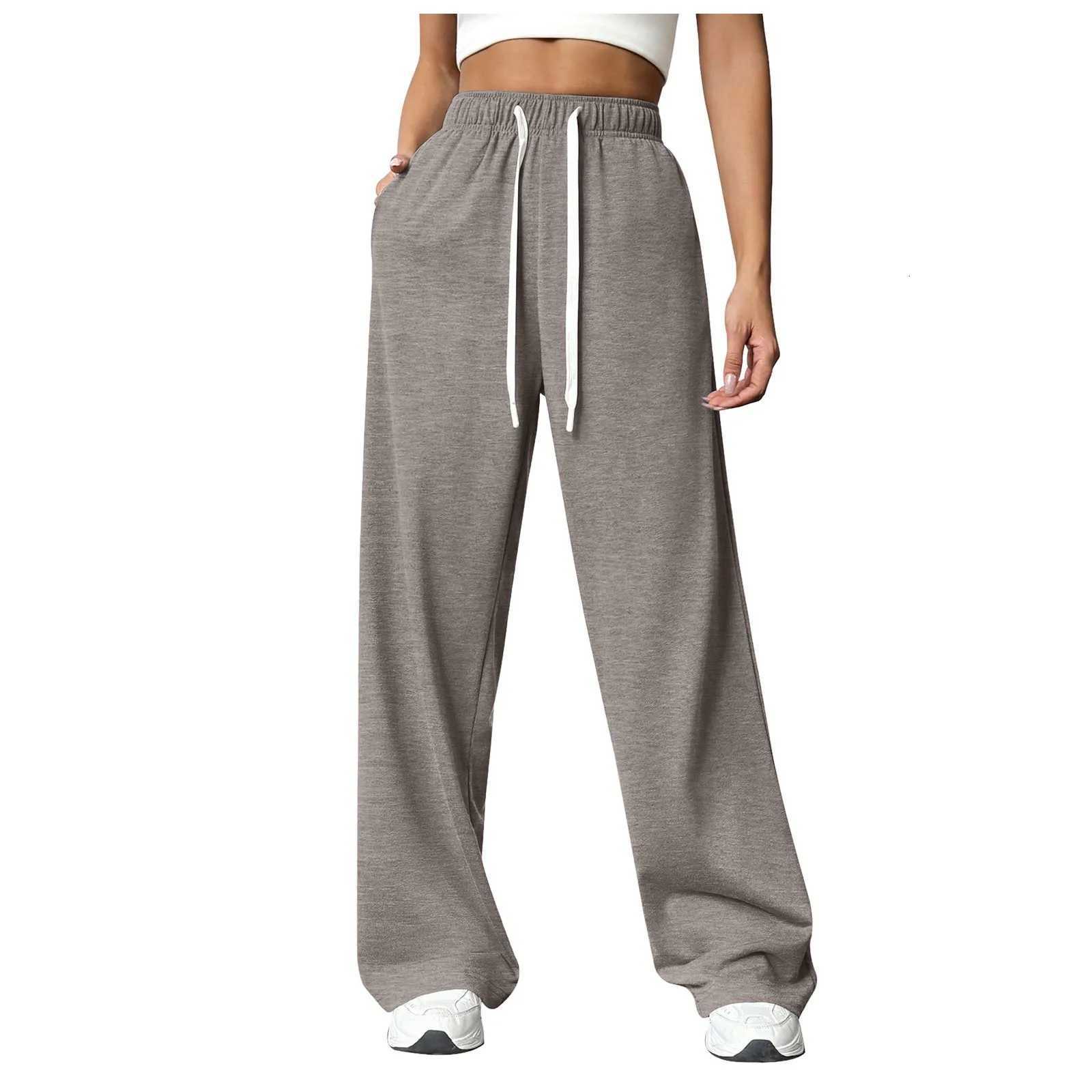 Women New Elastic Waist Pants with Side Pockets Fleece Lined Thick Wide Leg Sweatpants Pure Color Straight CutT251022
