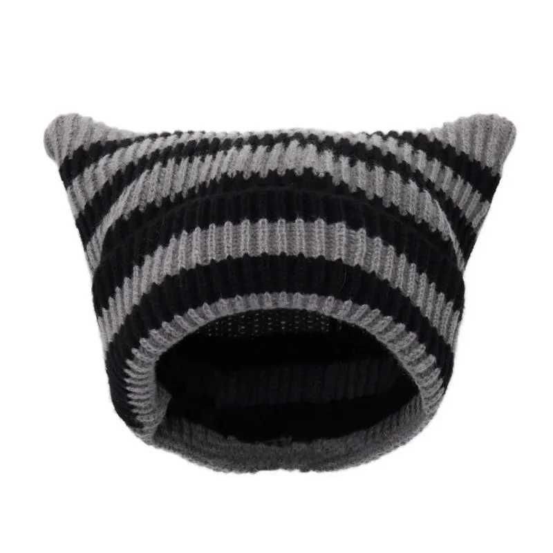 Japanese Y2K Cute Black White Striped Cat Ears Wool Hat Women Autumn Winter Warm Little Devil Hanging Ball Knitted Beanie Hat J251022