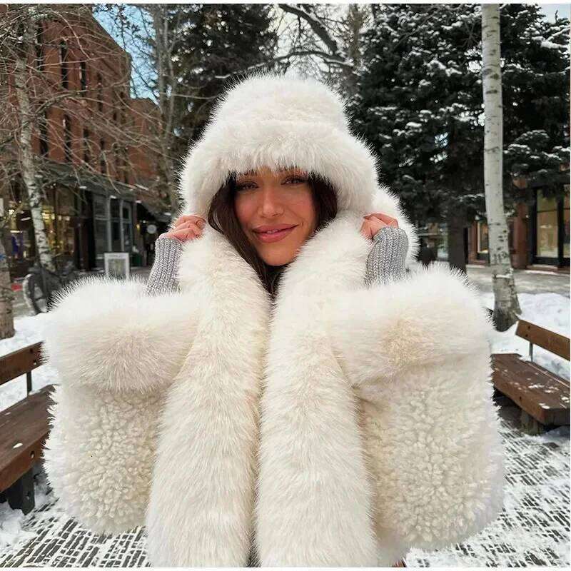 Casual Faux Fur Hooded Coat Women Fashion High Street Fluffy Big Collar White Snow Jackets Winter Warm Oversized Thick Outwear