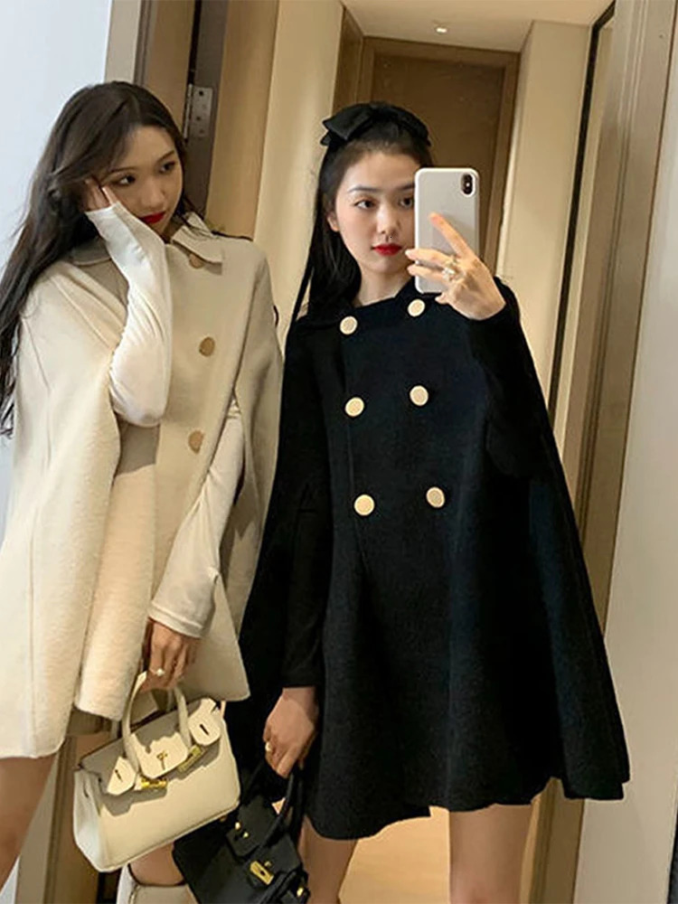Autumn And Winter Double Breasted Women Cape Coat Loose Solid Color Female Overcoat Fashion Elegant Lapel Lady Oversized Wraps 251016