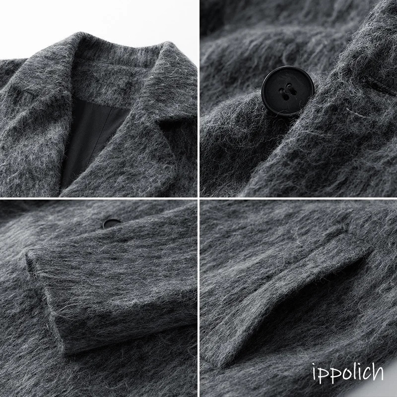 Autumn Winter Fleece Coat Midlength Gray Oversized Thickened Warm Cashmere Blends Men Doublebreasted Trend 251015