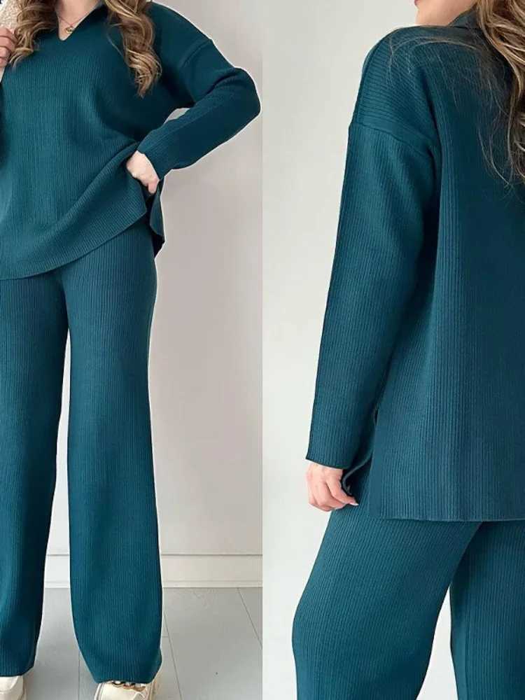 Two Piece Pant Sets Women Knit Sweater V Neck Full Sleeve Splice Loose Fit Trousers Matching Sets Thick Pants Casual Office LadyT251022