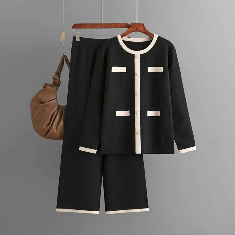 HLBCBG Autumn Casual Sweater Knitted Suits O Neck Loose PulloverSolid Wide Legs Long Pants Women Streetwear Knitted SetsT251022