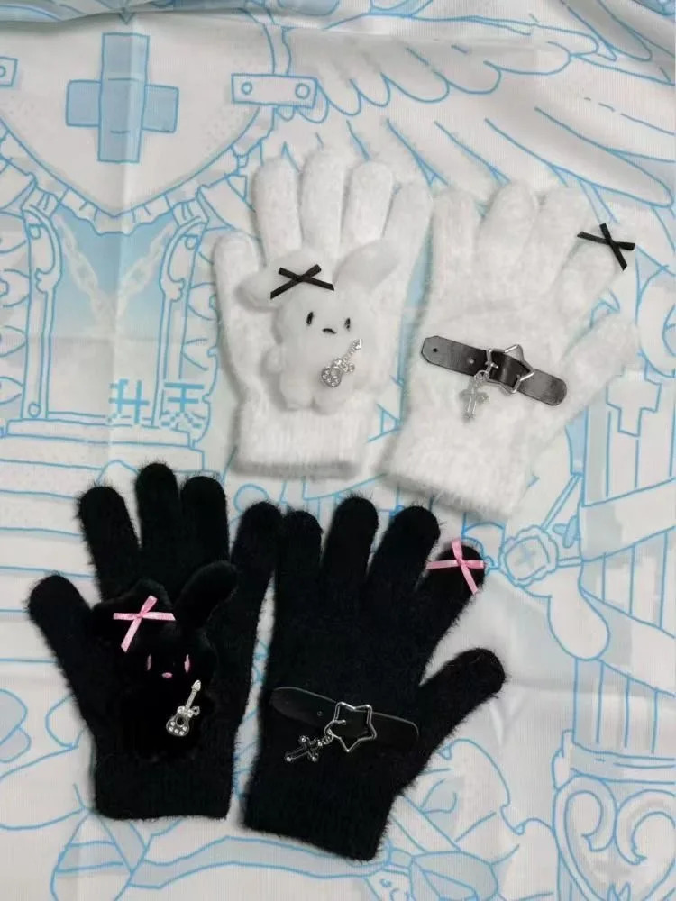 Y2K Star Rabbit Cross Gloves Cute Bunny Sweet Knitted Winter Warm Thickened Kawaii Cycling Fullfinger Glove Women JK Accessories 251021
