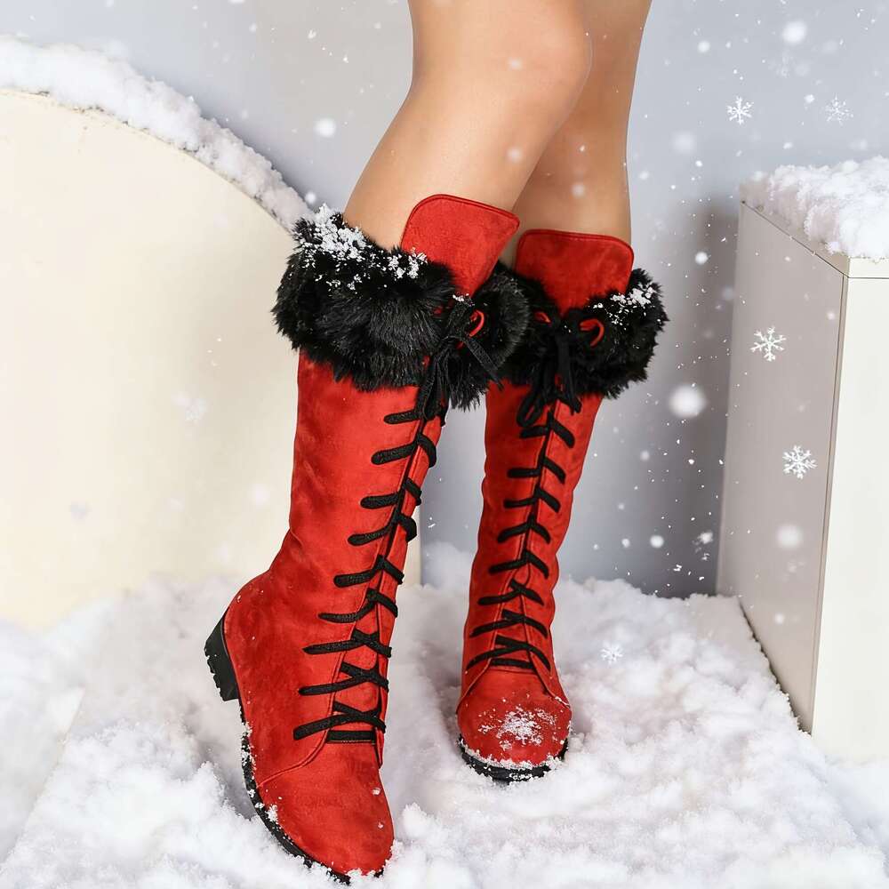 Women's Thick Platform Heel, Slip-Resistant Rubber Sole, Lace-Up Ankle For Cold Weather, Motorcycle Riding, Everyday & Formal Events Red/Black/ -