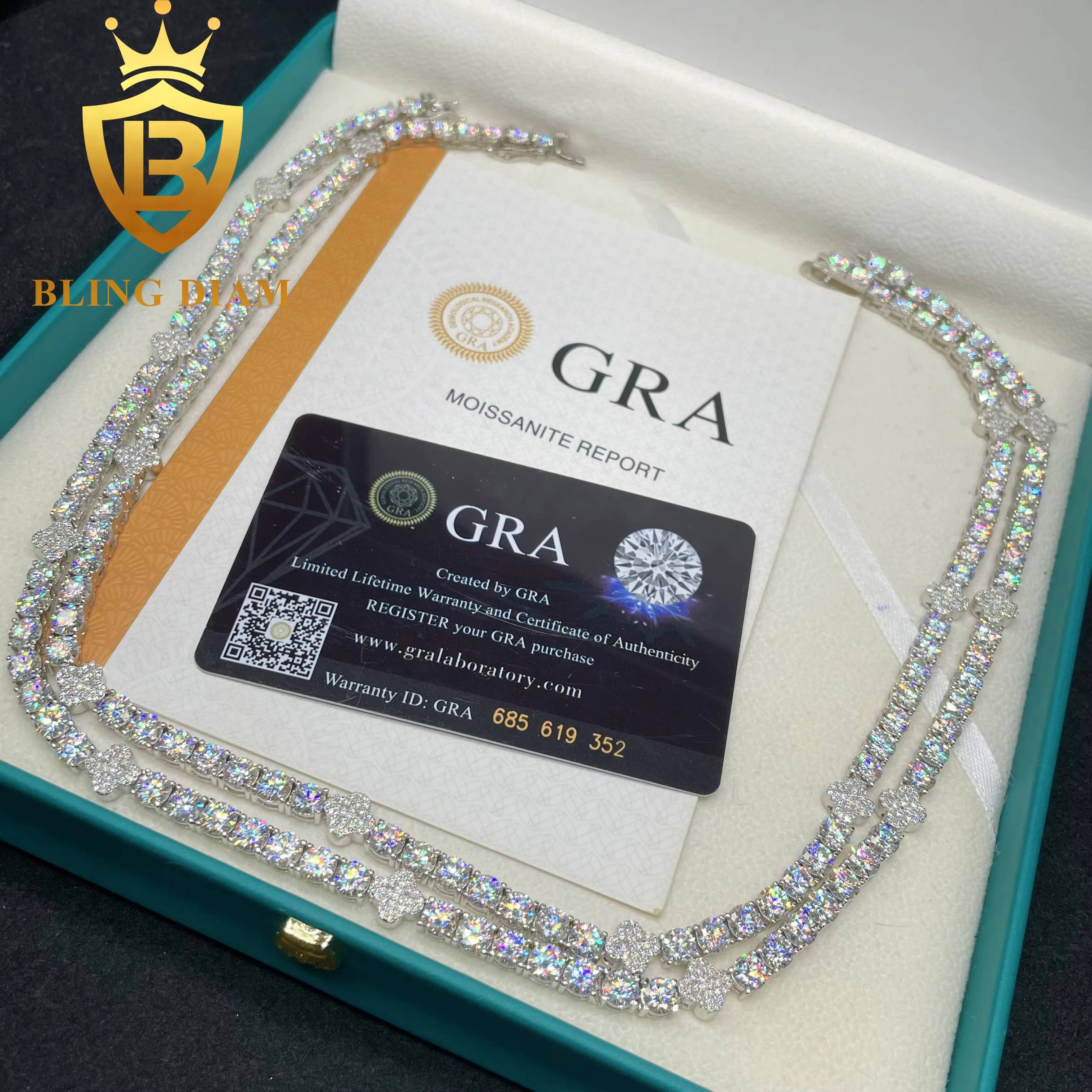 New Arrivals Iced Out Bling Four Clover 5mm Tennis Chain Cluster Necklace Hiphop Moissanite Diamond 925 Silver Men Woman