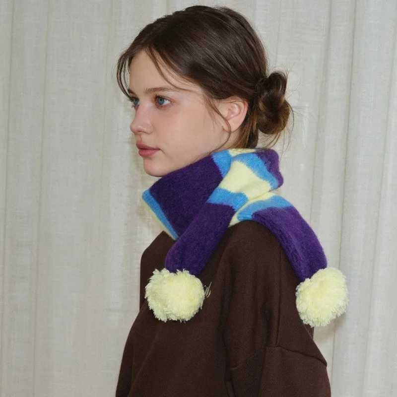 Korean Trend Design WoolBlend Striped Knitted Scarf Women Retro Contrasting Color Scarves with Pom Poms Female Stylish Muffler J251022