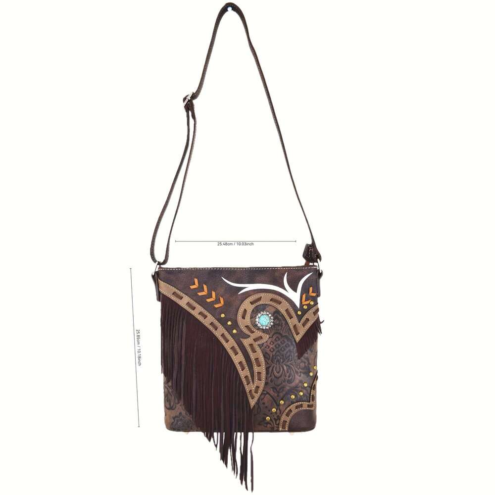 Women's Cowboy Crossbody With Fringe Tassel Decorations Adjustable Strap, Zipper Closure, Hardware, Turquoise Bead Accent Synthetic Faux Leather 