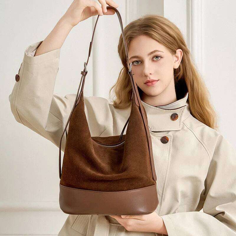 Faux Suede Genuine Leather Bucket Underarm Bag For Women Handbag Pursevintage Commuting Large Capacity Shoulder Bags Suotong1022