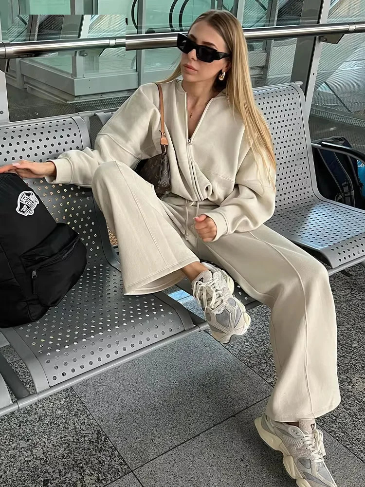 Autumn Womens Thick Hoodie Coat Drawstring High Waist Loose Casual Pants Set Lined Fleece Womans Clothing Street 251010