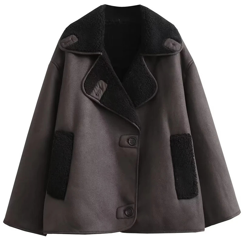 HXAO Womens Jackets Winter Coat Female Leather Faux Fur Button Crop Outerwears Windbreak Waterproof Brown Long Sleeve Tops 251021