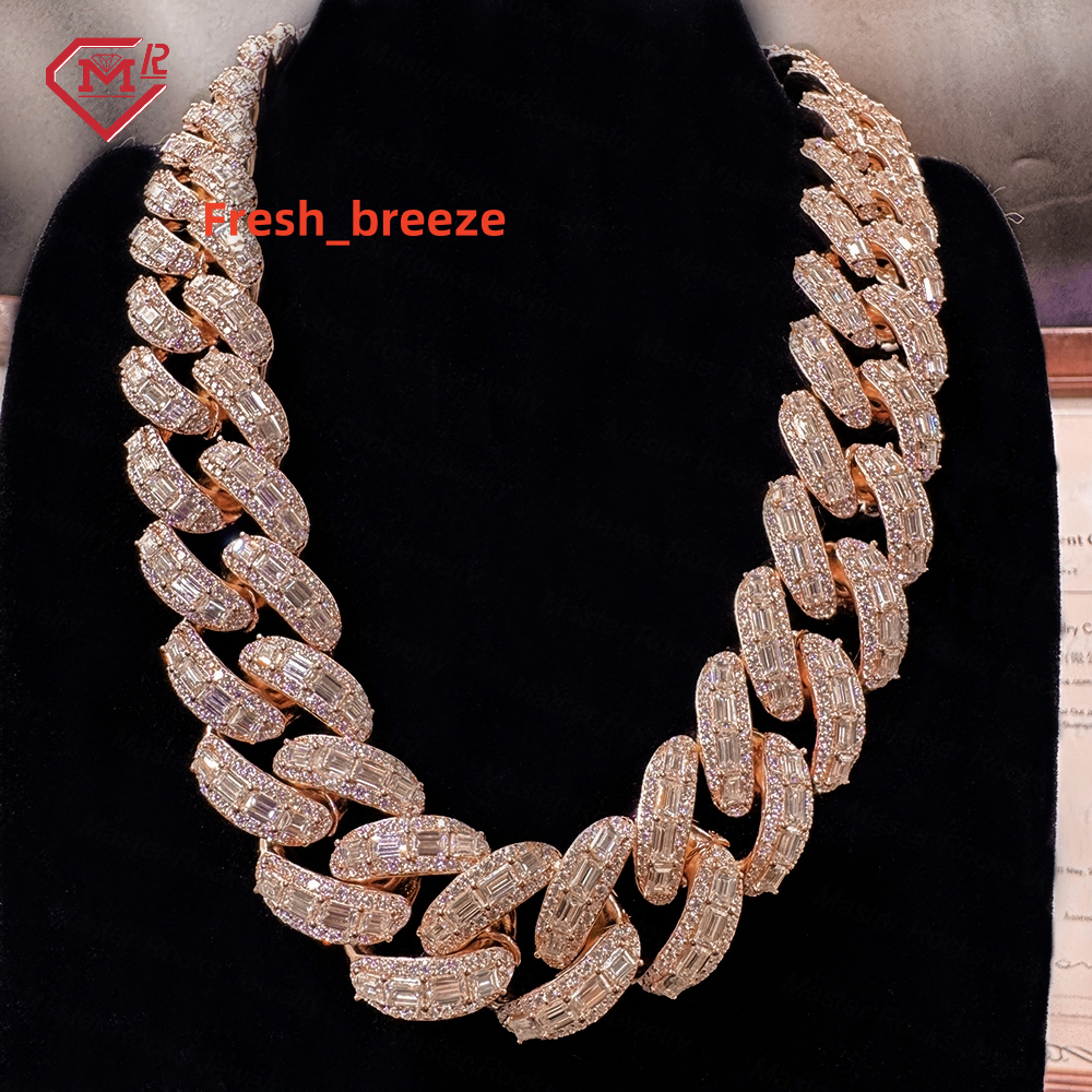 Luxury Rappers 20MM Iced Out Rose Gold Chain Emerald Cut Moissanite Cuban Link Chain Mens Hip Hop Miami Chain