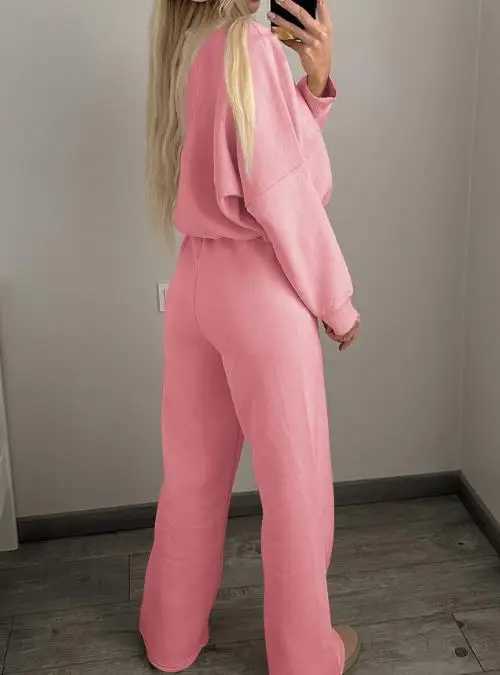 Solid Color Round Neck Zipper Front Loose Jacket and Lace Up High Waisted Straight Leg Pants Set Autumn Womens Sports SetT251022