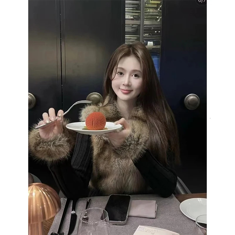 MEXZT Y2K Knitted Cardigan Women Vintage Faux Fur Patchwork Sweater Outerwears Gyaru Black Knitwears Winter Korean Jumpers 251016