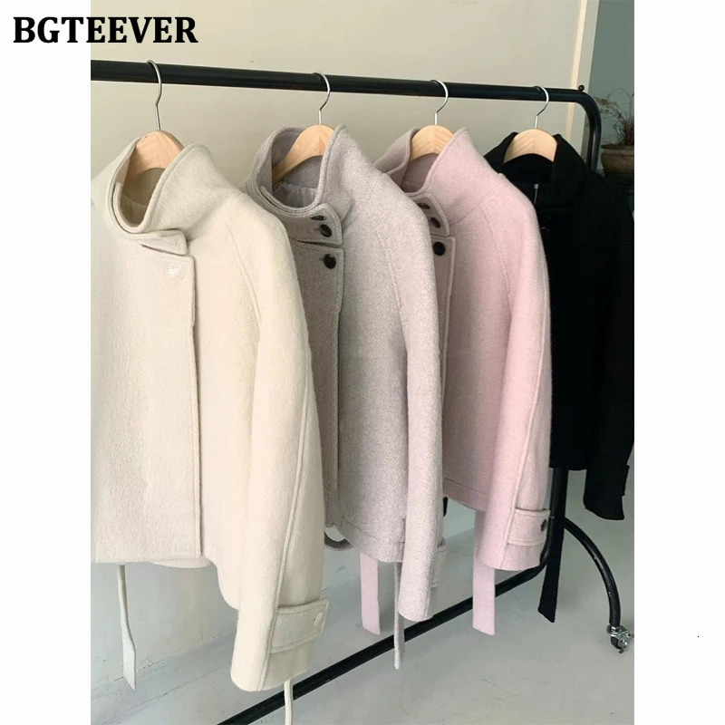 BGTEEVER Elegant Thicken Warm Stand Collar Female Woolen Coats Long Sleeve Singlebreasted Laceup Women Blend Jackets 251021