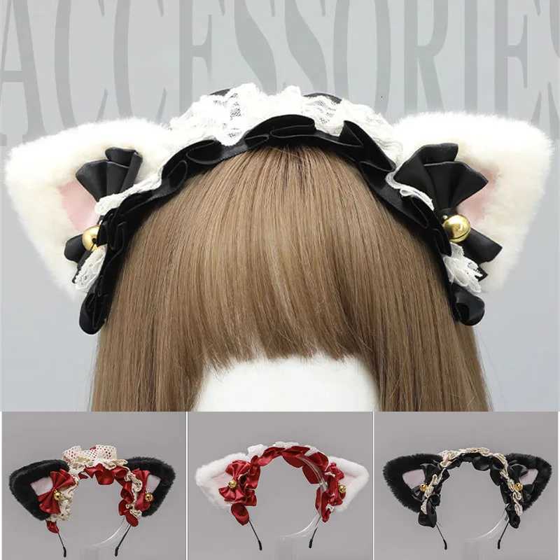 Lolita Maid HaiRBand Women Girls Ruffles Lace Hair Band Cat Ears Ribbon Bell Headband Cosplay Party Hair AccESSories V251022