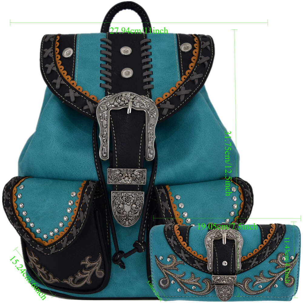 Western Style Tooled Buckle Studded Floral Women Country Backpack Bags Rucksack Daypack Biker Purse Matching Wallet Set