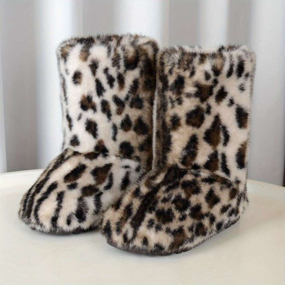 Women's Winter Warm Faux Plush Mid-Calf Slip-On Flat Round-Toe Casual Boots