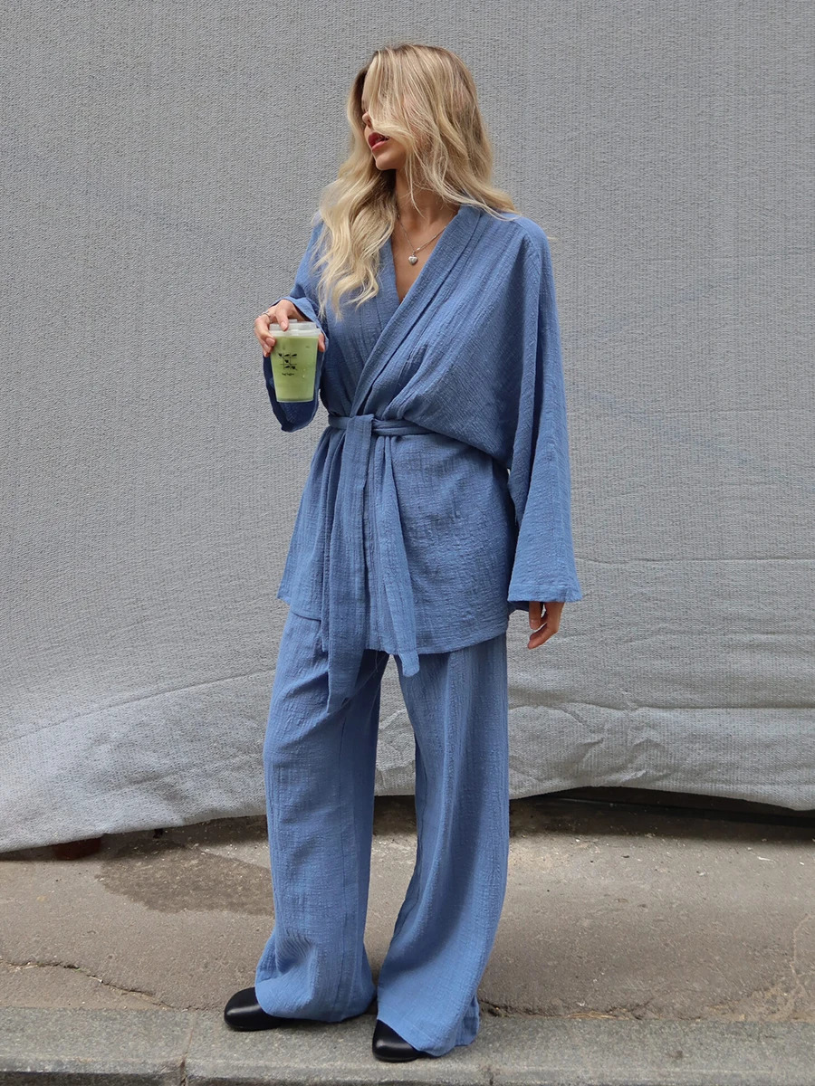 Blubelle 2025 Autumn 100 Cotton Womens Blue Lace Up Long Sleeve Pajama Set Loose Pants 2 Piece Leisure Homewear 251022