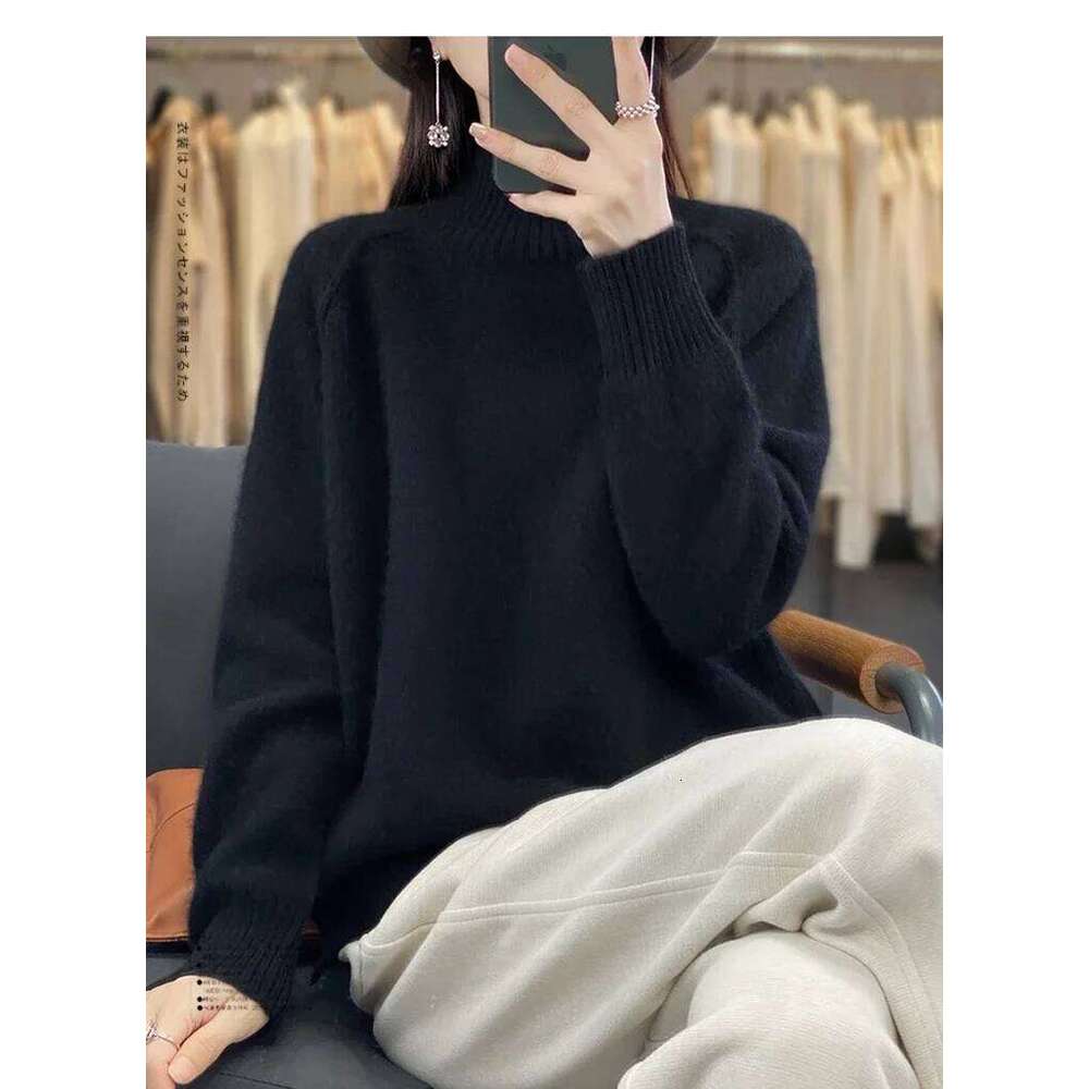 Women's High-Necked Cashmere 100% Soft Wool Thickened Lazy Raglan Sweater With Slit For Autumn Winter Comfortable Waxy W 251022
