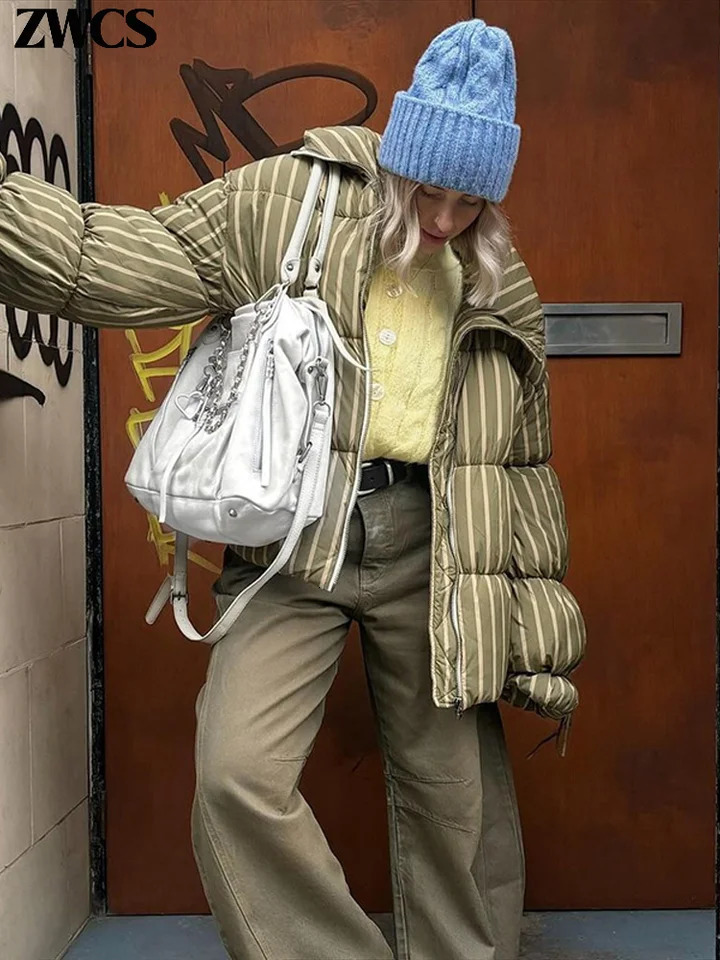 Loose Striped Cotton Padded Coat Womens Winter Zipper Lantern Sleeve Laceup Turn Down Collar Jacket Lady Warm Outwear 251017