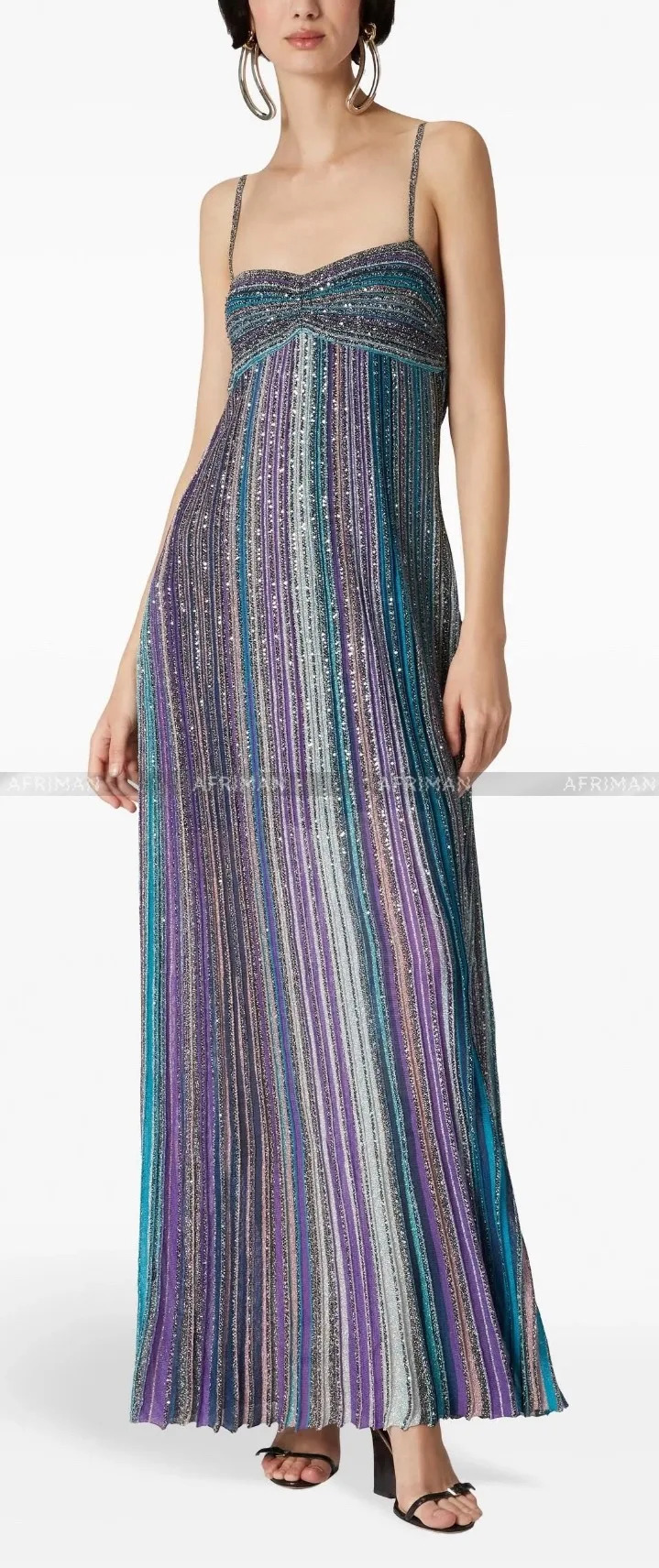 Women Metallic Sequined Multicolor Striped Sexy Strapless Maxi Long Knit Sling Dress 251013 C260312