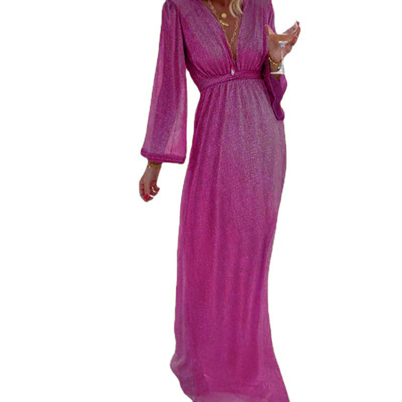 European and American designers fashion hot foreign trade women's clothing spot fashion apricot V-neck long sleeved sequined dress