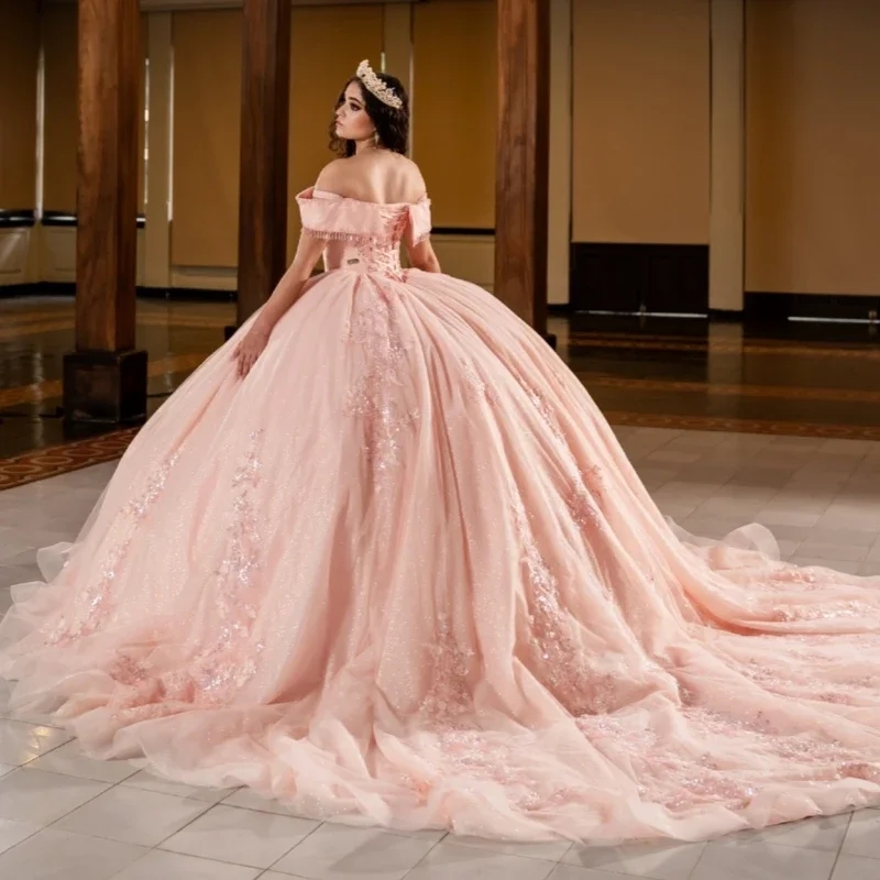 Pink Shiny Ball Gown Sweet 16 Year Old Quinceanera Dresses Elegant Evening Party Dress Vestidos De Festa 15 Anos