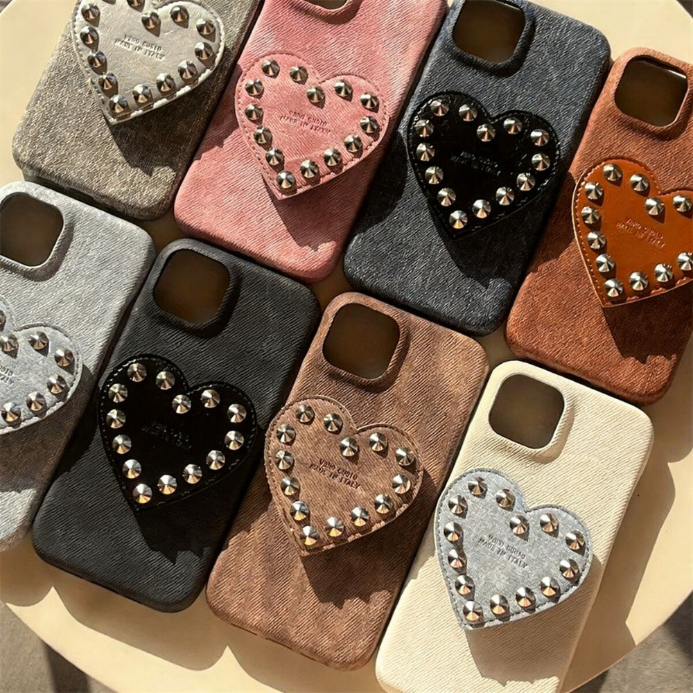 Cute Compatible with iPhone 17 Pro Max Case, Denim Leather Texture Rivet Heart Stand Phone Case Protection Soft Cases for Women Girls