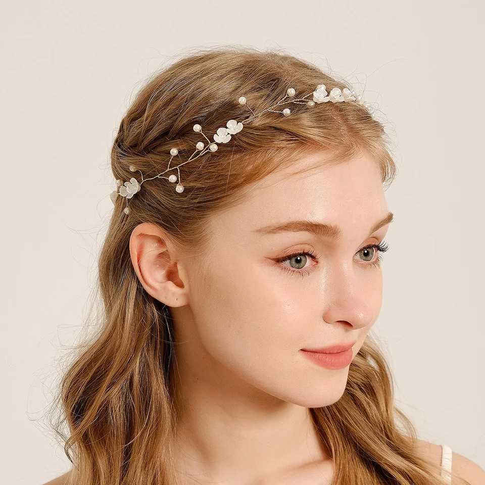 Gold Pearl Flower Hairband Fashion White Acrylic Handmade Beaded Headband Princess Prom Party headdress Costume Accessories V251022