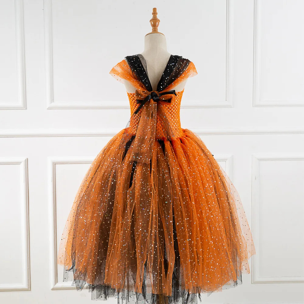 Sparkly Bat Halloween Costumes for Girls Kids Witch Long Tutu Dress Children Carnival Party Outfit Gold Black Ball Gown i251021