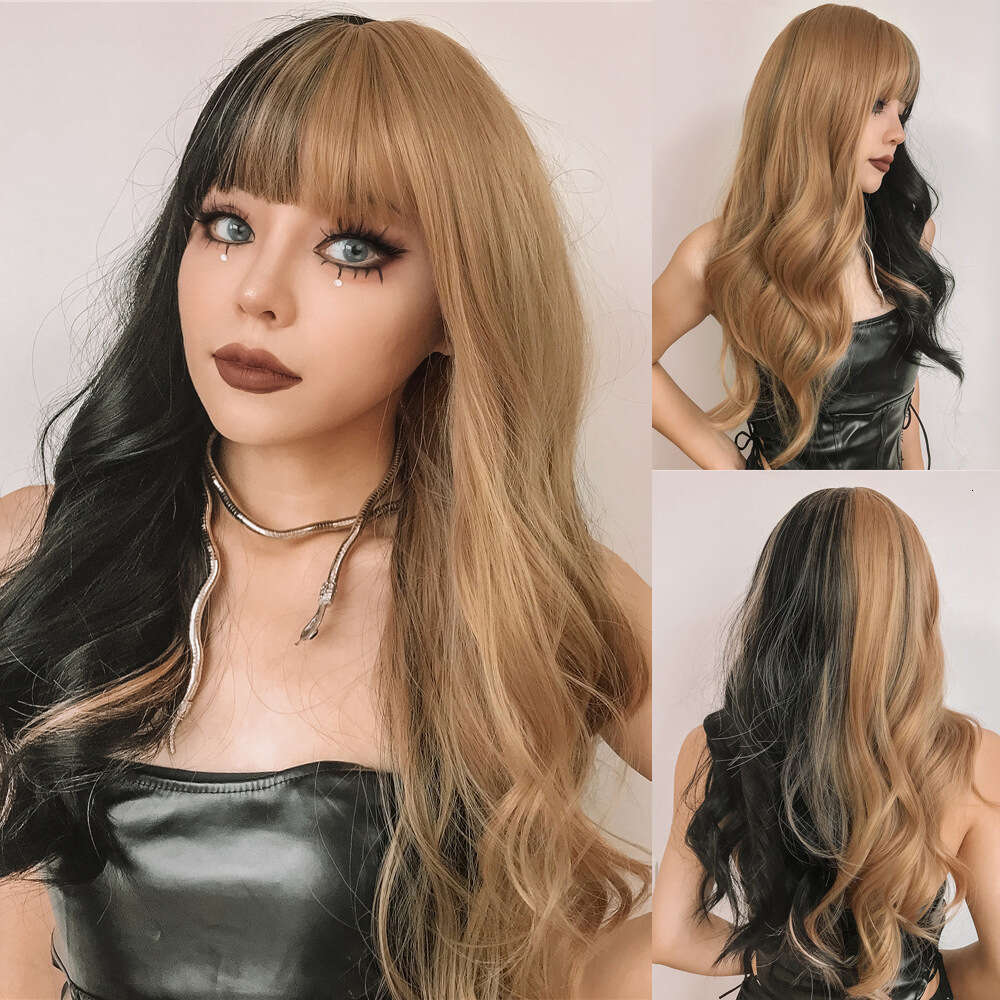 Women's Hair Bangs Long Curly Gradient White Gold New Hine-Made Synthetic Wig