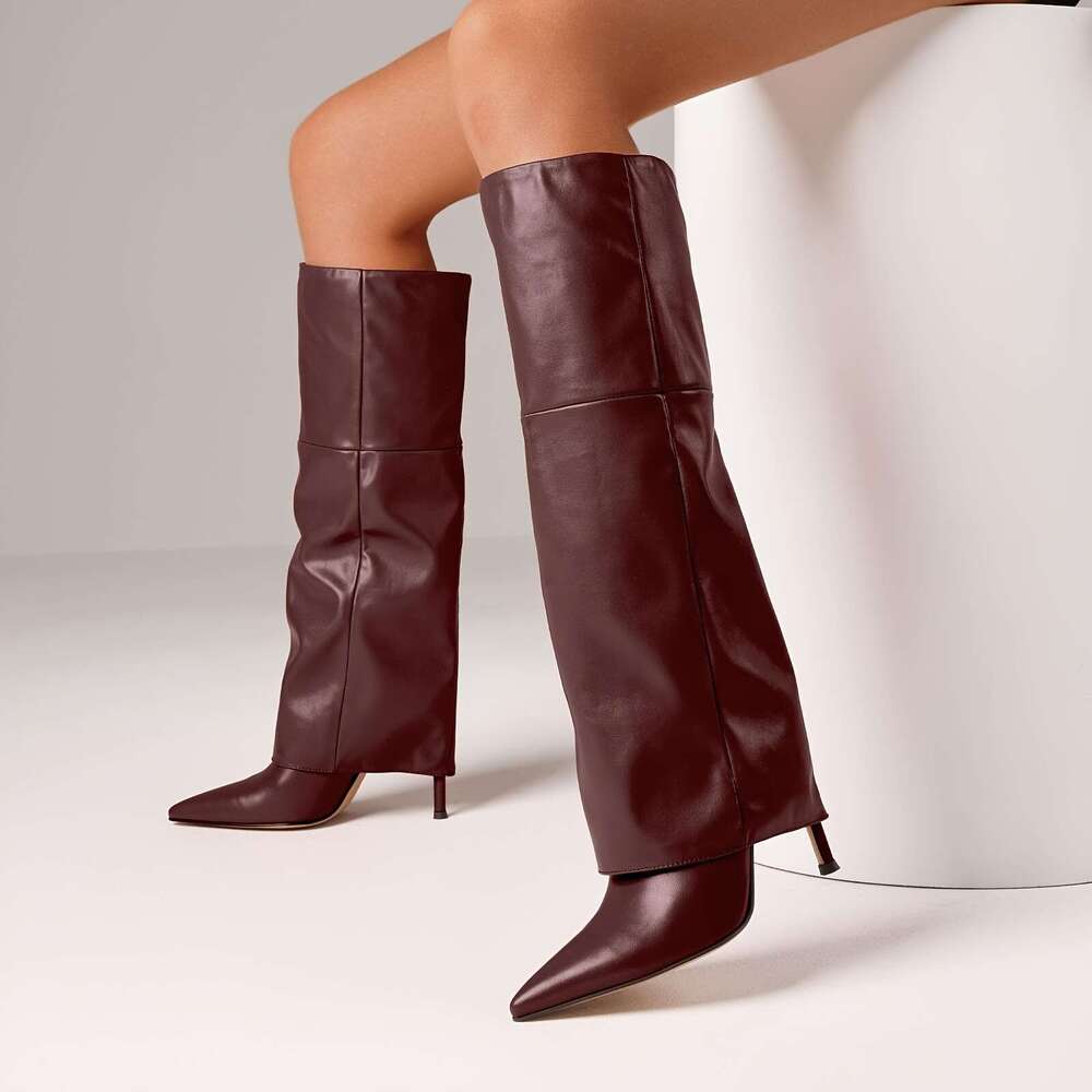Women's Knee High Stiletto Heel Boots Fold Over Pointed Toe Pull On Design Shoes Wide Calf Sexy Fashion Party Dress Tall Booties