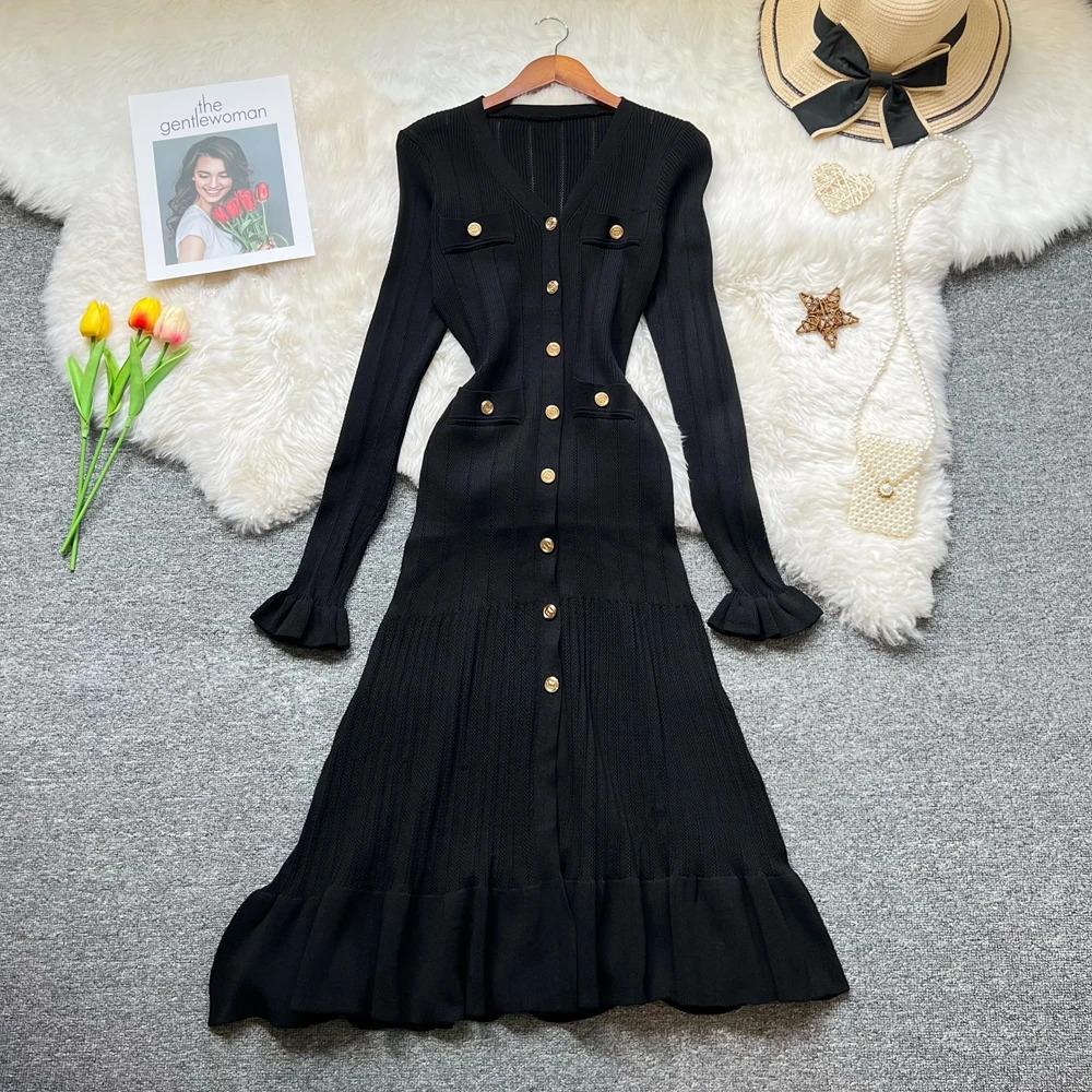 YuooMuoo Woman Dresses Autumn Winter Vintage Patchwork Knitted Midi Dress Elegant Vneck Lady Ruffled Shirt Sweater Dress 251020