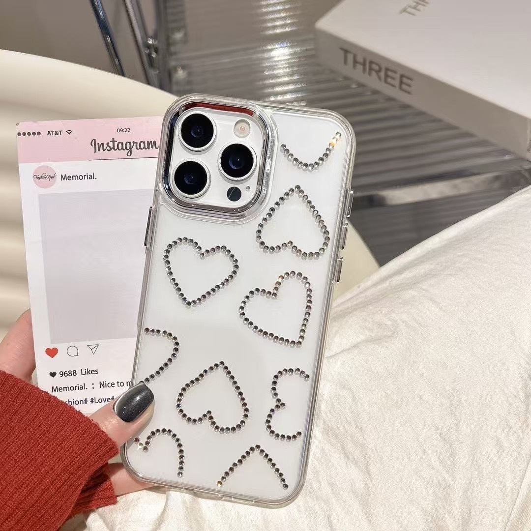 INS Flash Diamond Heart Compatible with iphone 17 Phone 16Pro Full Coverage 15 High-end Feel 14 Shockproof 13 Protective Case 11
