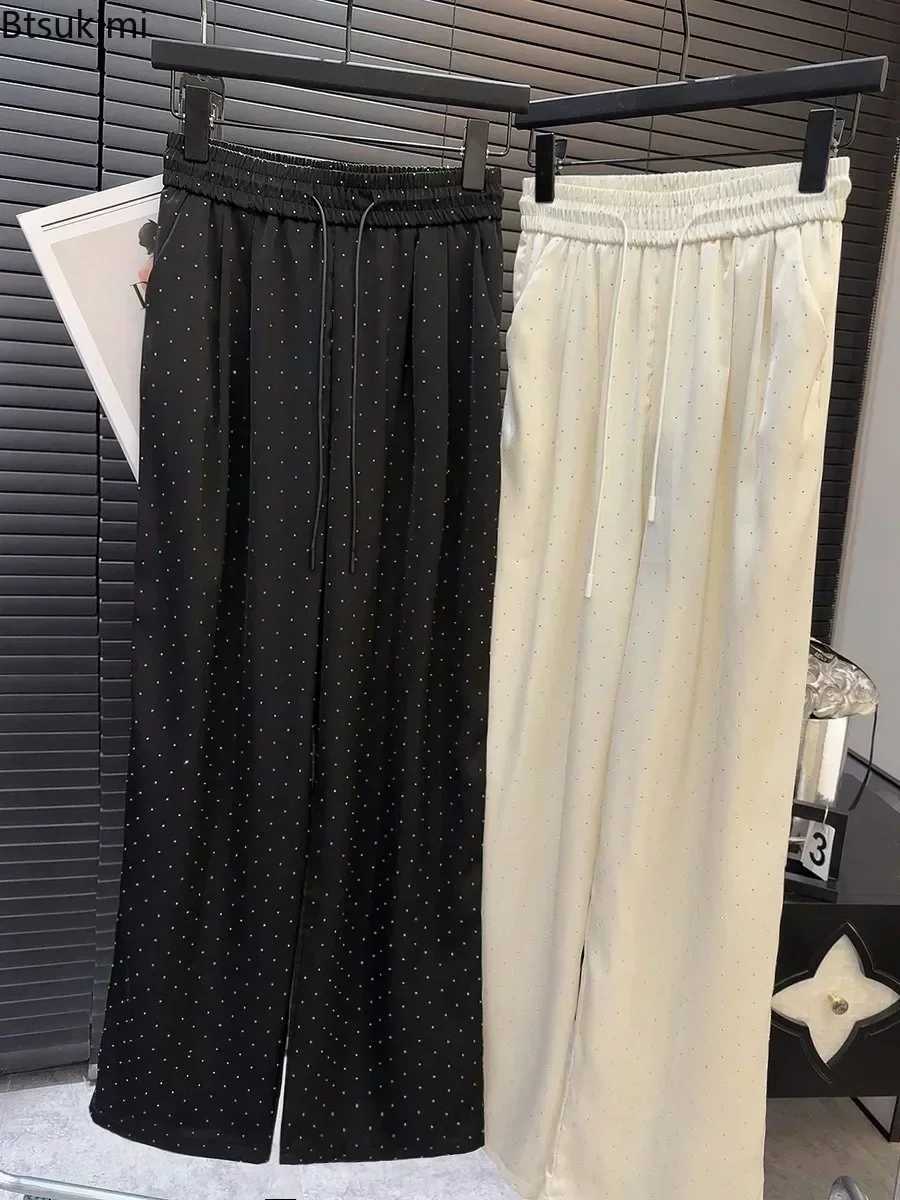 2025 High Quality Luxury Full Rhinestone Wide Leg Pants Fashion New Drawstring High Waist Straight Pants Ladies Casual TrousersT251022