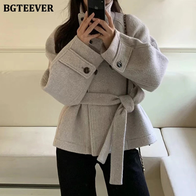 BGTEEVER Elegant Thicken Warm Stand Collar Female Woolen Coats Long Sleeve Singlebreasted Laceup Women Blend Jackets 251021