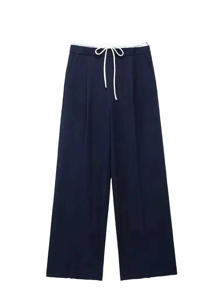 HH 2025 Women Fashion Vintage Solid Straight Pants Side Zipper Drawstring Casual Trousers Spring New Female Wide Leg PantsT251022