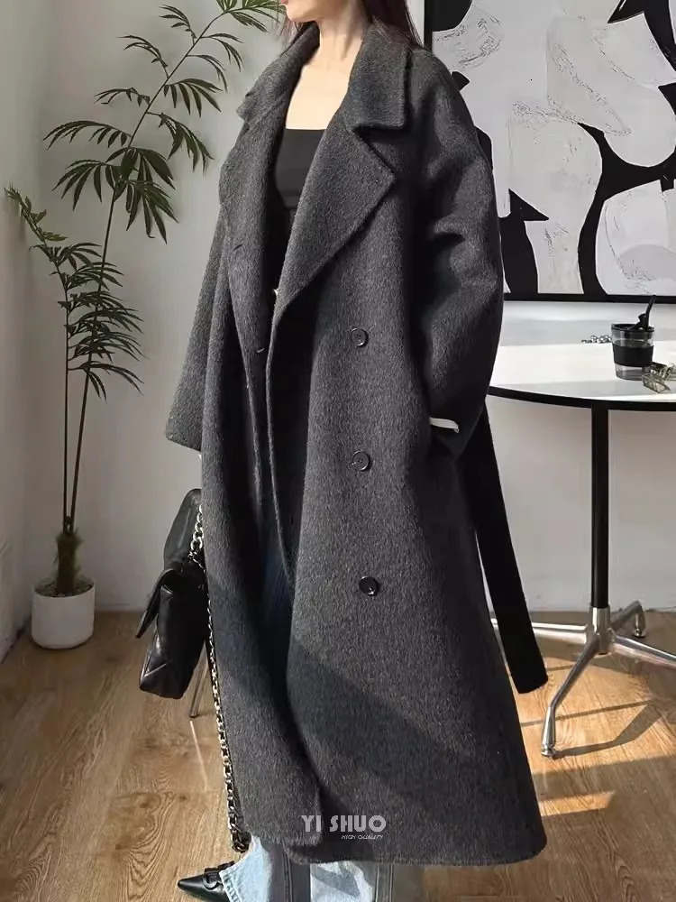 Korean Fashion Dark Gray Stand Collar 100Wool Coat Women Long Winter Jacket 251021