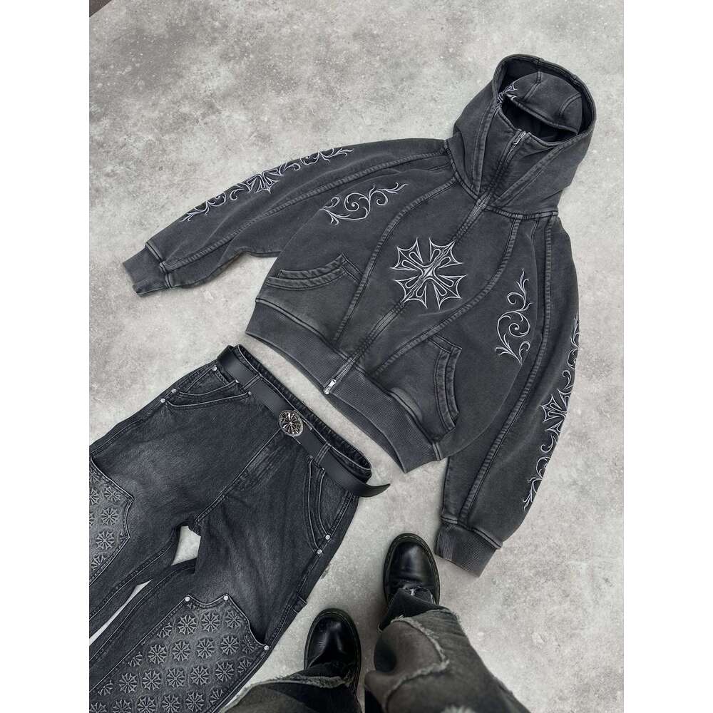 Trendy Brand Winter New Washed Vintage Personalized Embroidered for Men Street Gothic Style Double Hood Sweatshirt